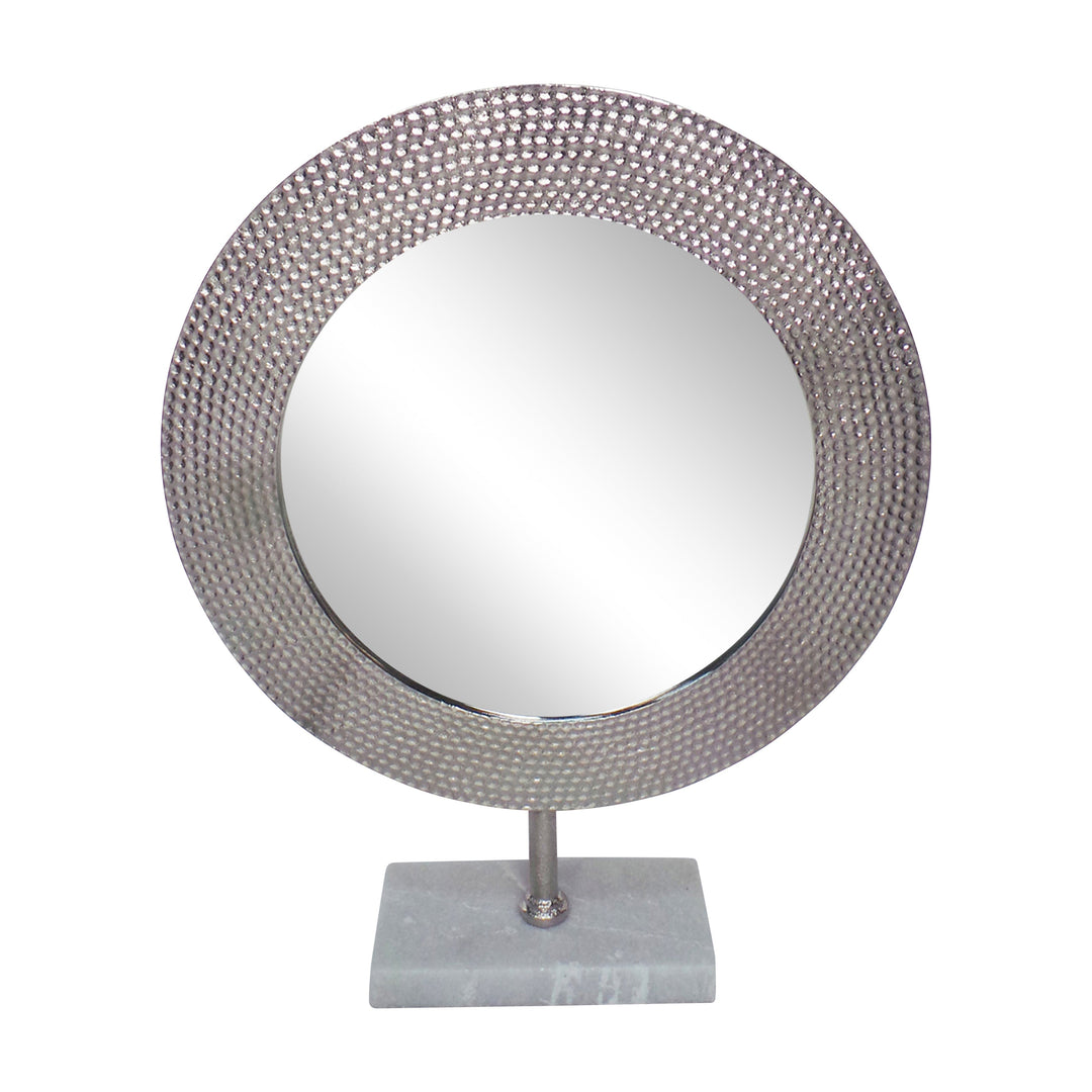 METAL 21" HAMMERED MIRROR ON STAND, SILVER