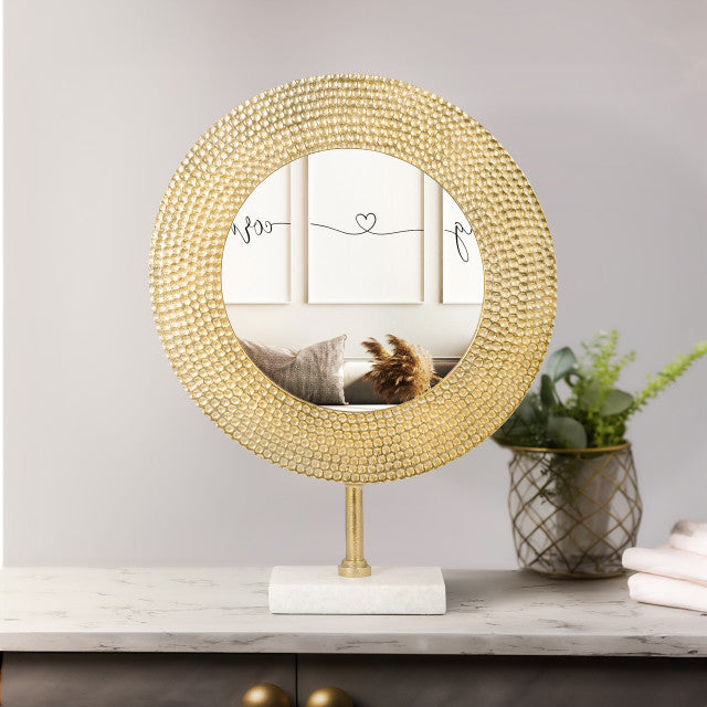 METAL 19" HAMMERED MIRROR ON STAND, GOLD