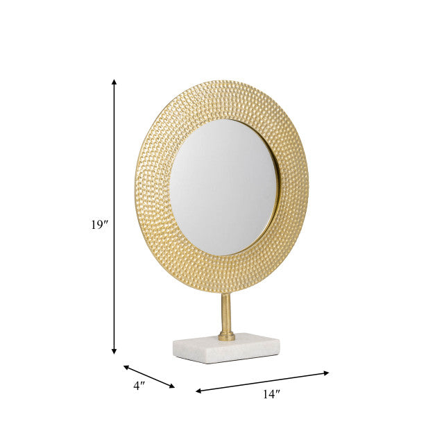 METAL 19" HAMMERED MIRROR ON STAND, GOLD