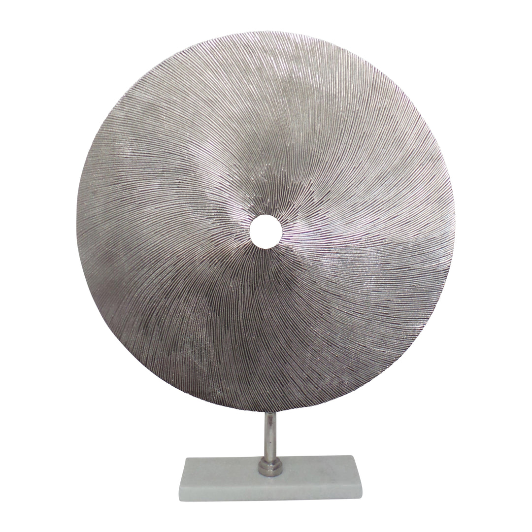 METAL 24" SWIRLY DISC W/ STAND, SILVER