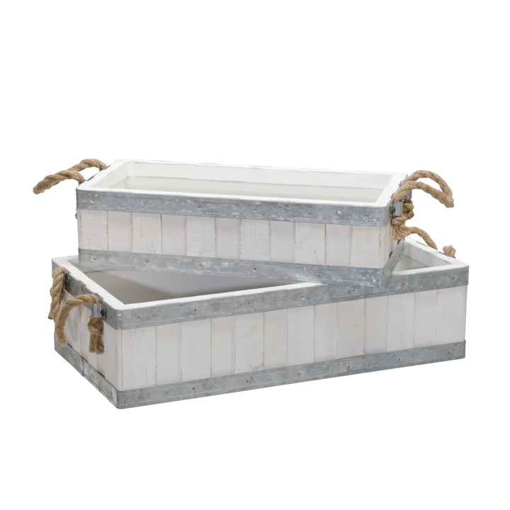 S/2 16/19" WOODEN TRAYS W/ ROPE HANDLES, WHITE