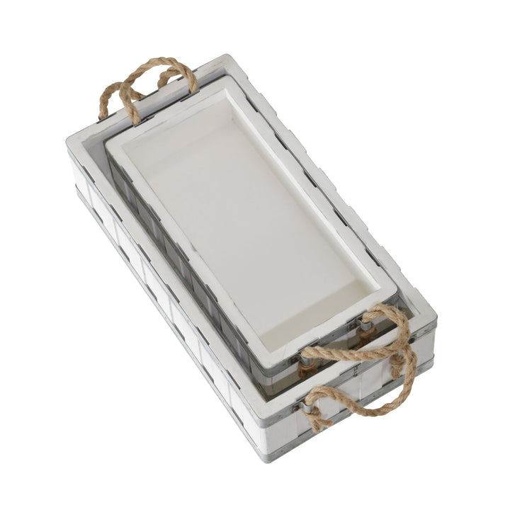 S/2 16/19" WOODEN TRAYS W/ ROPE HANDLES, WHITE