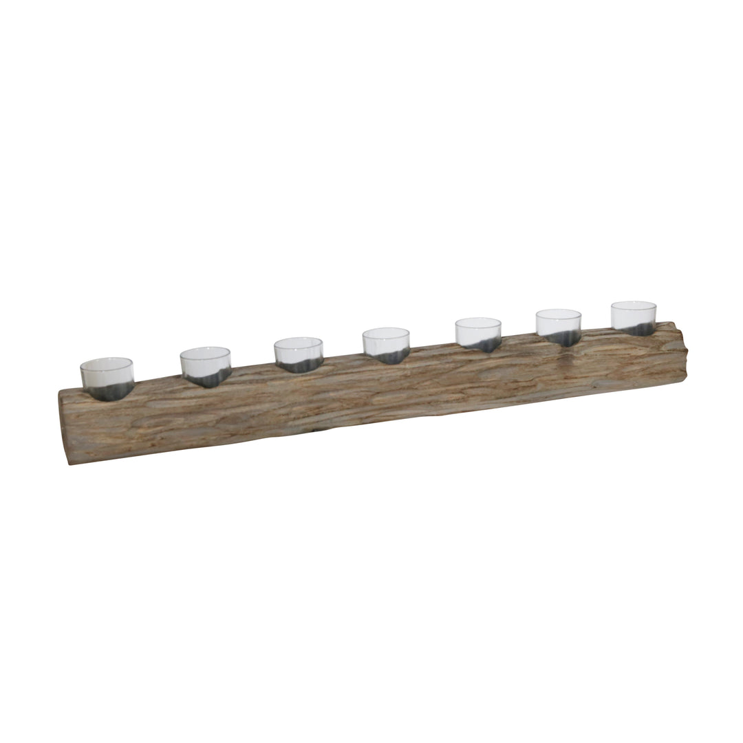 WOOD 32" LOG 7-CUP TEALIGHT HOLDER, GRAY