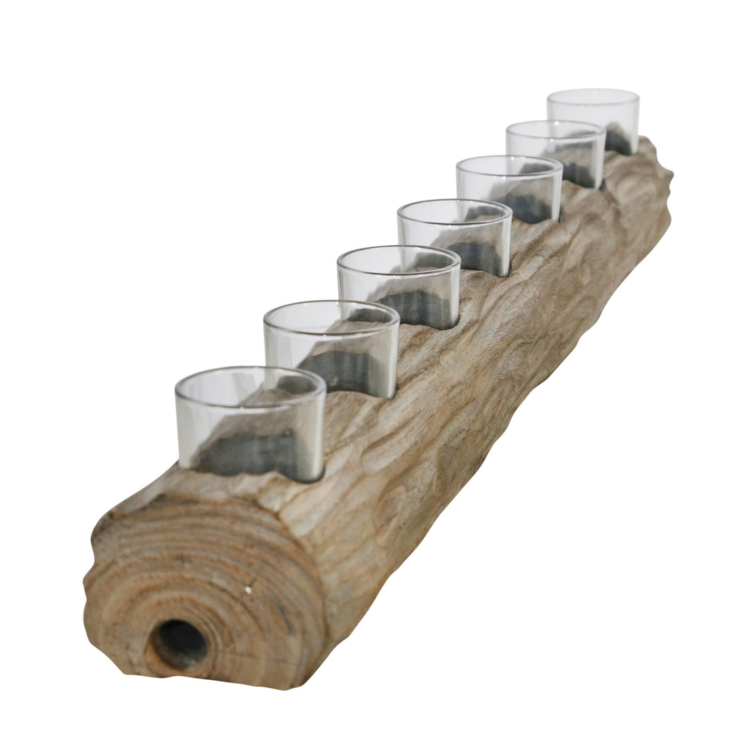 WOOD 32" LOG 7-CUP TEALIGHT HOLDER, GRAY