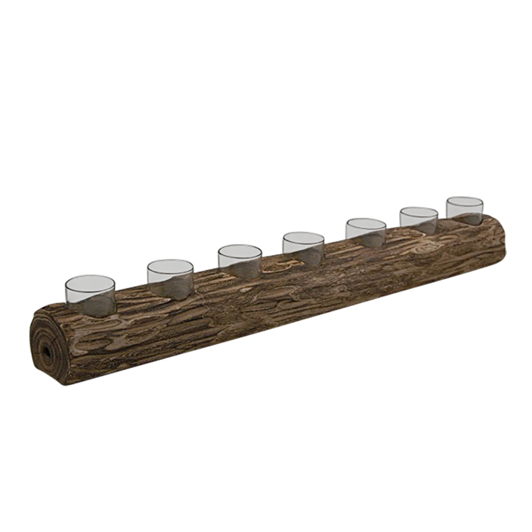 WOOD 32" LOG 7-CUP TEALIGHT HOLDER, BROWN