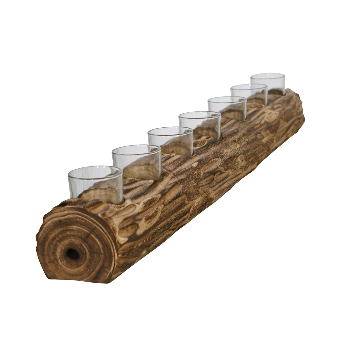 WOOD 32" LOG 7-CUP TEALIGHT HOLDER, BROWN