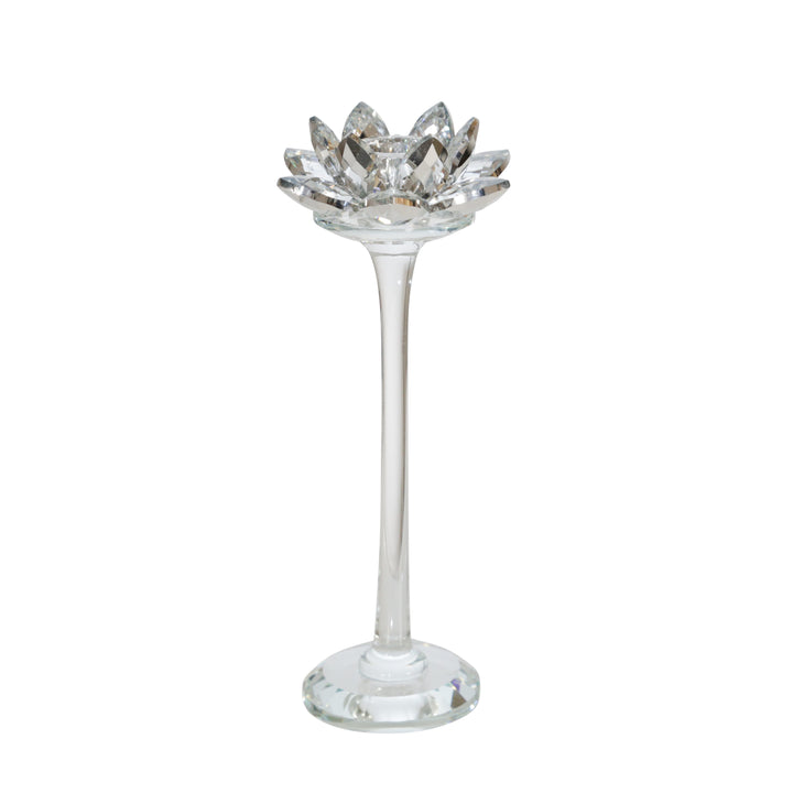 GLASS 9" LOTUS CANDLE HOLDER, SILVER