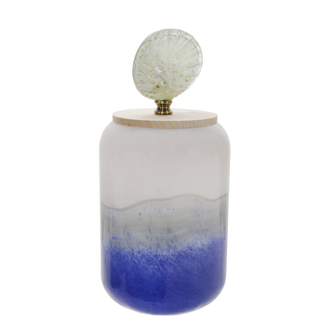 GLASS 14"H JAR W/ SHELL LID, BLUE