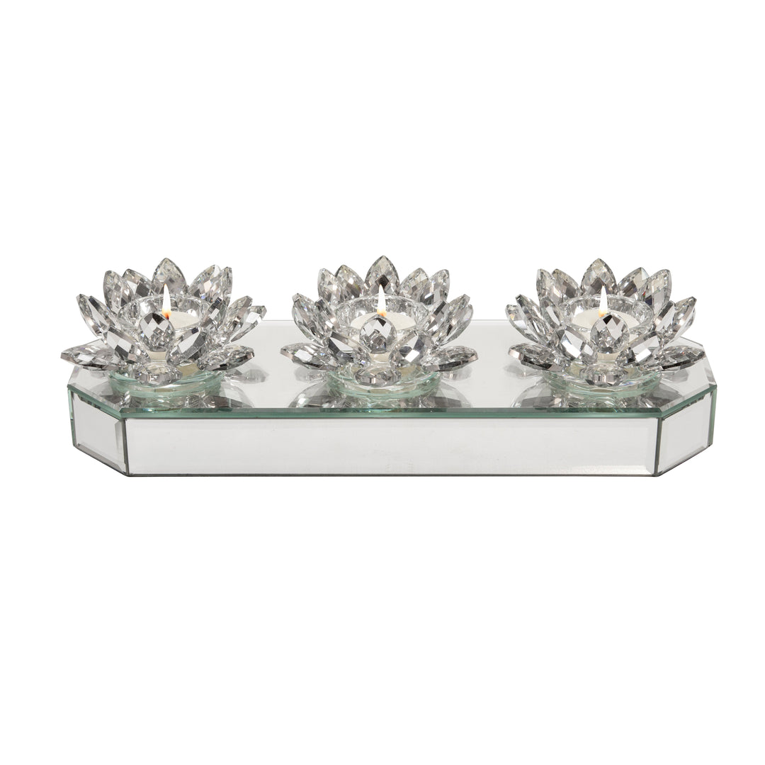 GLASS 13" 3 LOTUS MIRRORED CANDLE HOLDER, SILVER