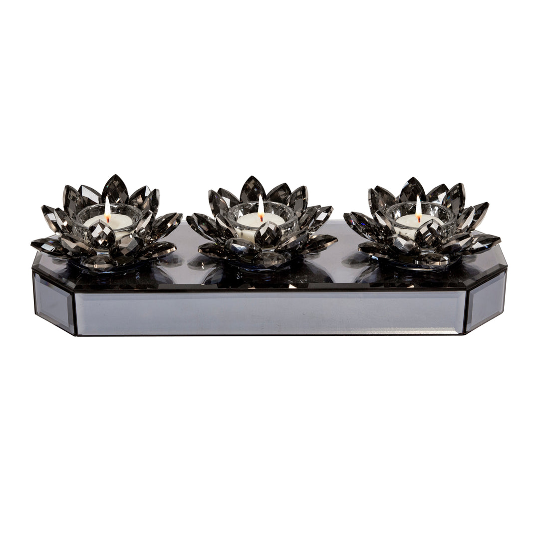 GLASS 13" 3 LOTUS MIRRORED CANDLE HOLDER, BLACK