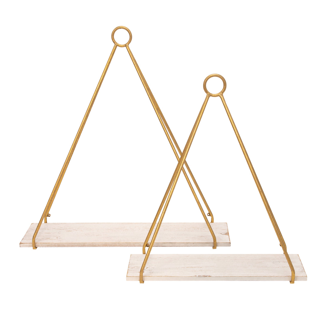 S/2 METAL/WOOD 20/24" TRIANGLE SHELF, WHITE/GOLD
