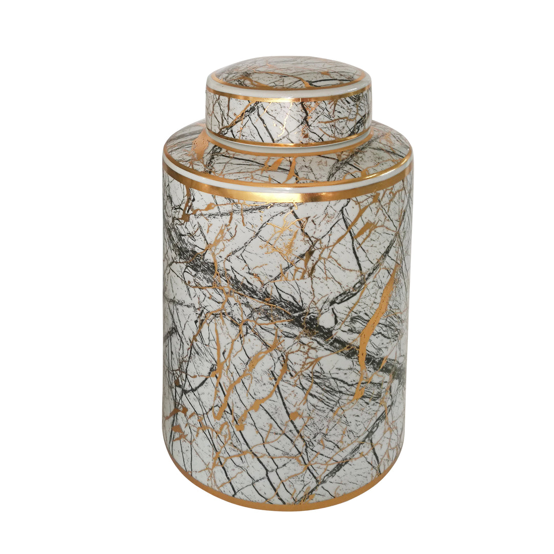 CERAMIC 12" JAR WITH GOLD LID, WHITE