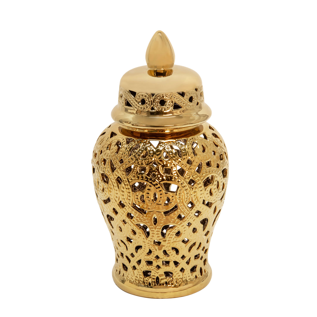 CERAMIC 18" CUT-OUT TEMPLE JAR, SHINY GOLD