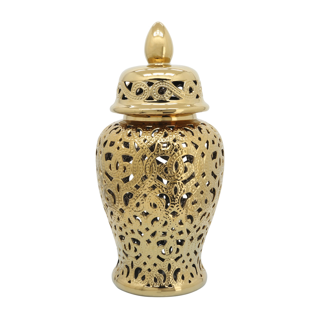 CERAMIC 24" CUT-OUT TEMPLE JAR, SHINY GOLD