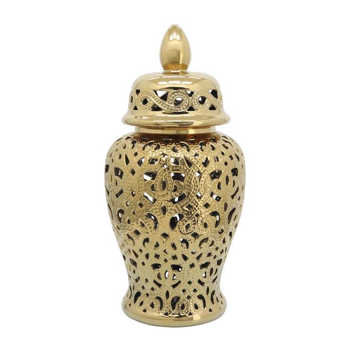 CERAMIC 24" CUT-OUT TEMPLE JAR, SHINY GOLD