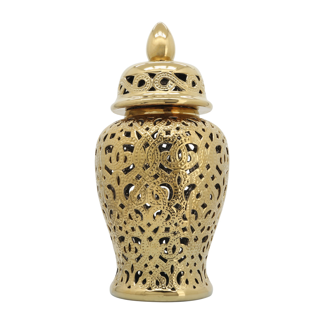 CERAMIC 24" CUT-OUT TEMPLE JAR, SHINY GOLD