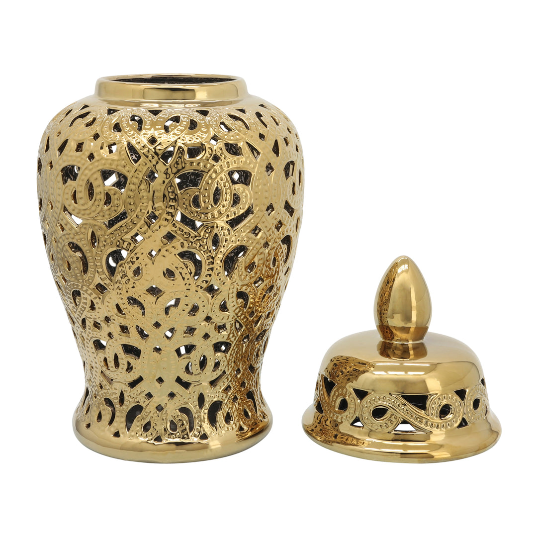 CERAMIC 24" CUT-OUT TEMPLE JAR, SHINY GOLD