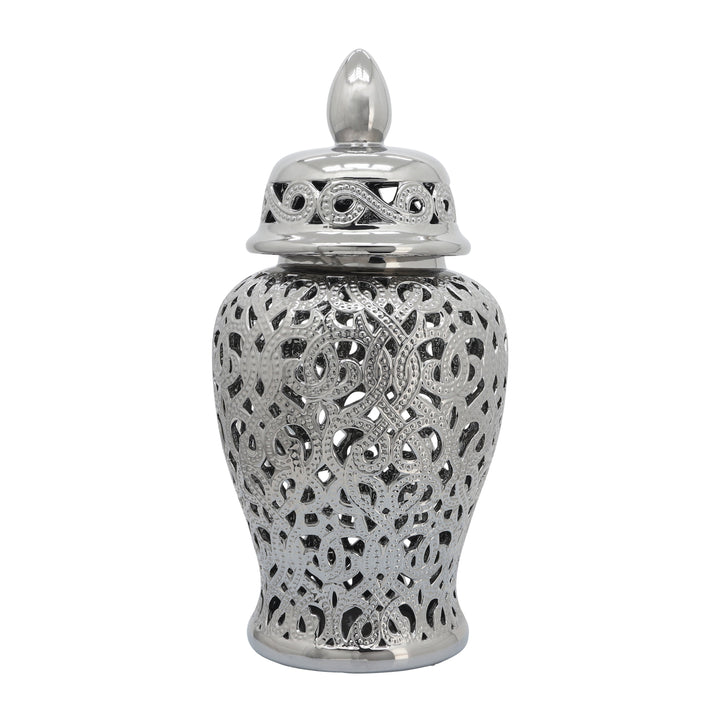 CERAMIC 24" CUT-OUT TEMPLE JAR, SHINY SILVER