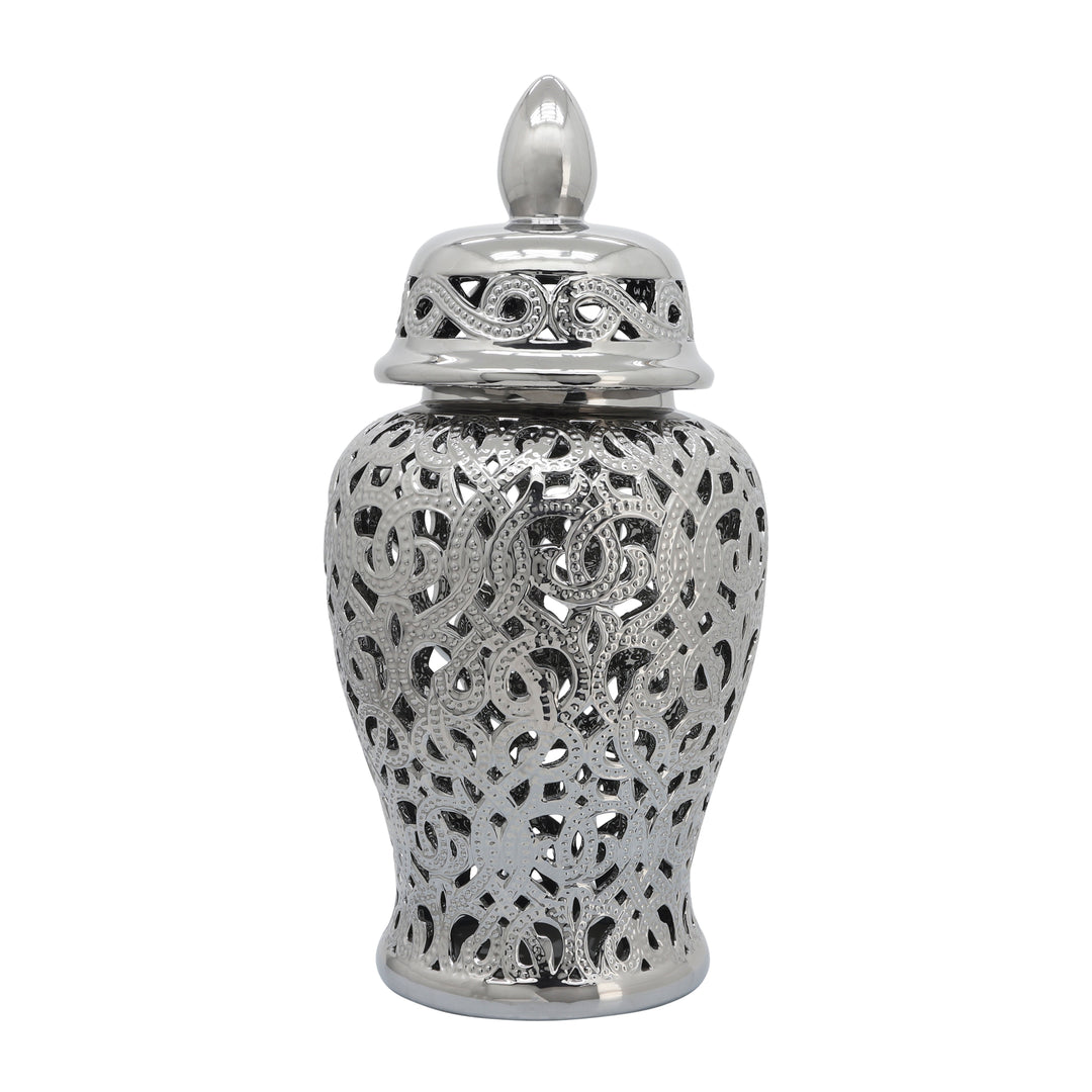 CERAMIC 24" CUT-OUT TEMPLE JAR, SHINY SILVER