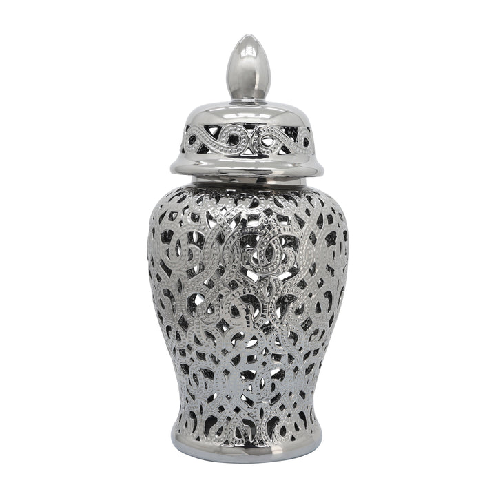 CERAMIC 24" CUT-OUT TEMPLE JAR, SHINY SILVER