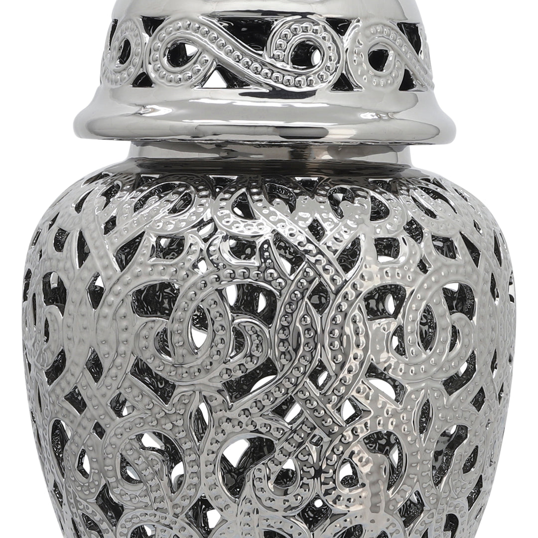 CERAMIC 24" CUT-OUT TEMPLE JAR, SHINY SILVER