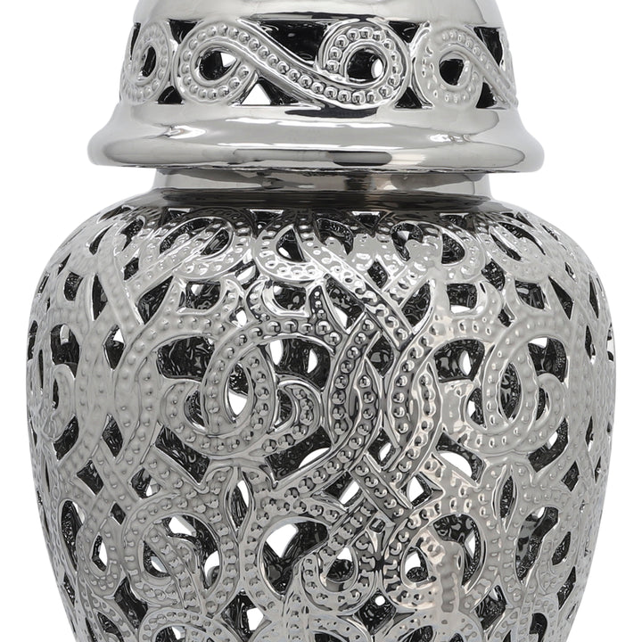 CERAMIC 24" CUT-OUT TEMPLE JAR, SHINY SILVER