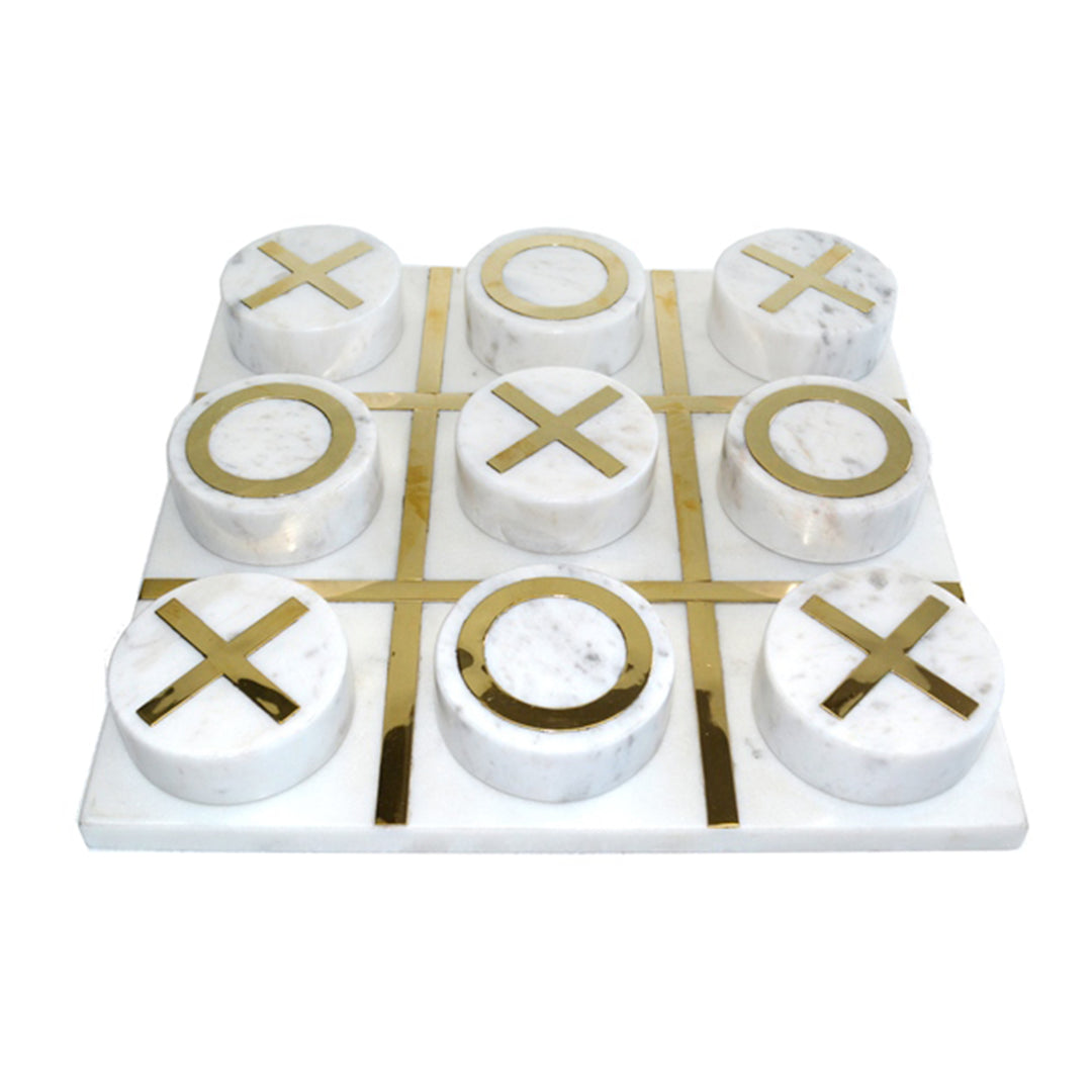 MARBLE 12x12 TIC-TAC-TOE, WHITE/GOLD