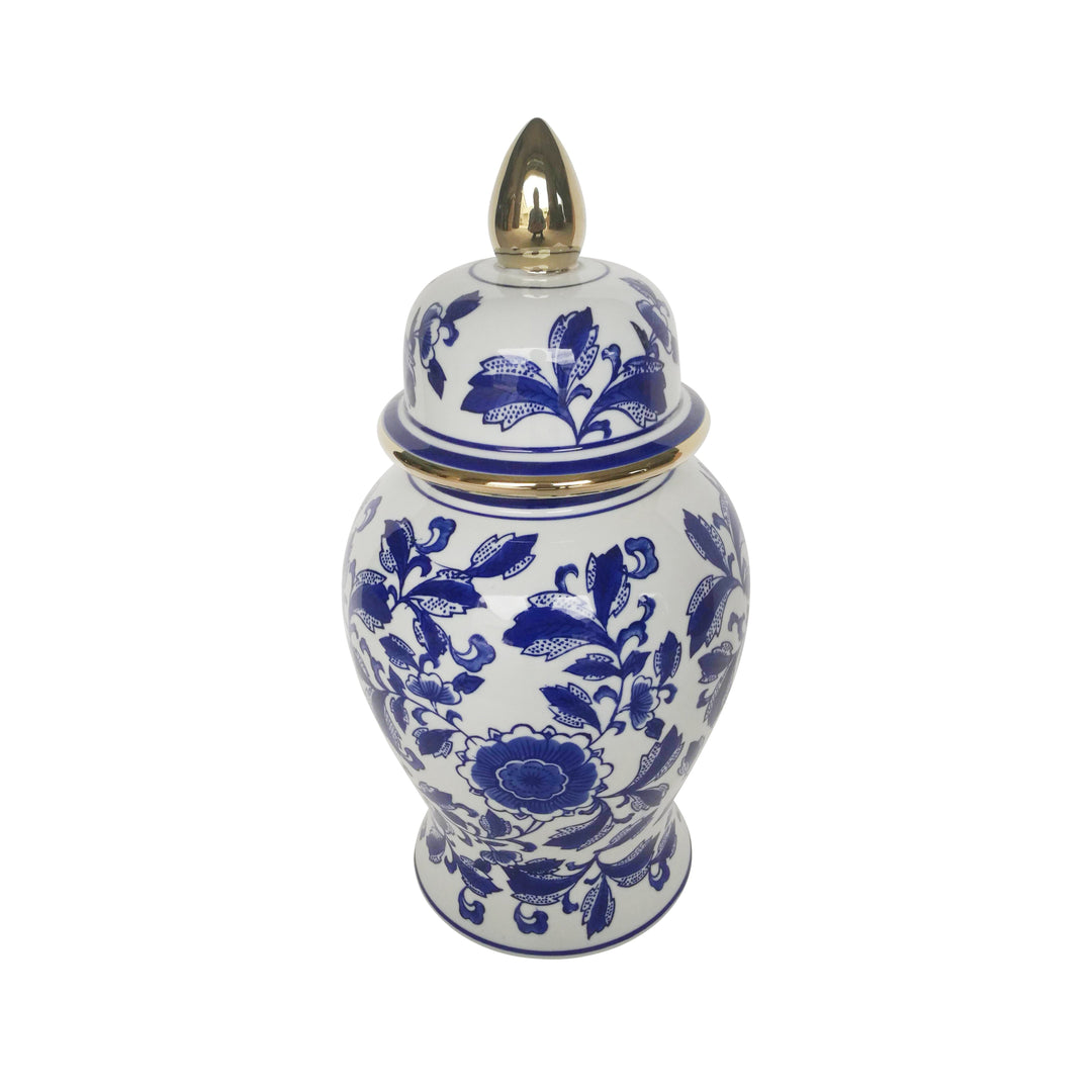 14" TEMPLE JAR W/ ROSE FLOWER, BLUE & WHITE