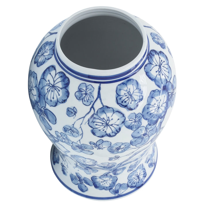 14" TEMPLE JAR W/ HIBISCUS, BLUE & WHITE