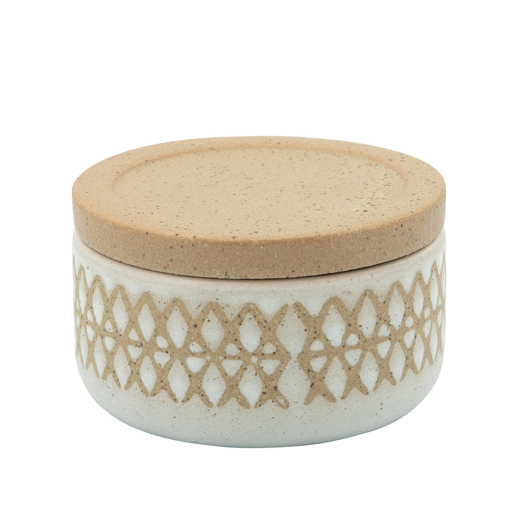 Ceramic 4" Covered X-Design Jar, Sand