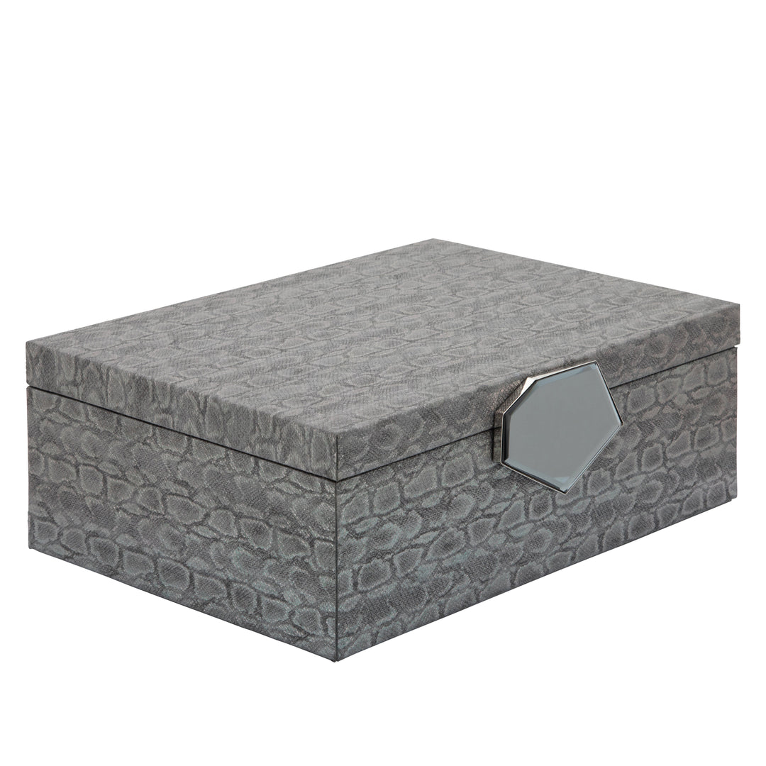 WOOD 14" FAUX LEATHER BOX, GRAY
