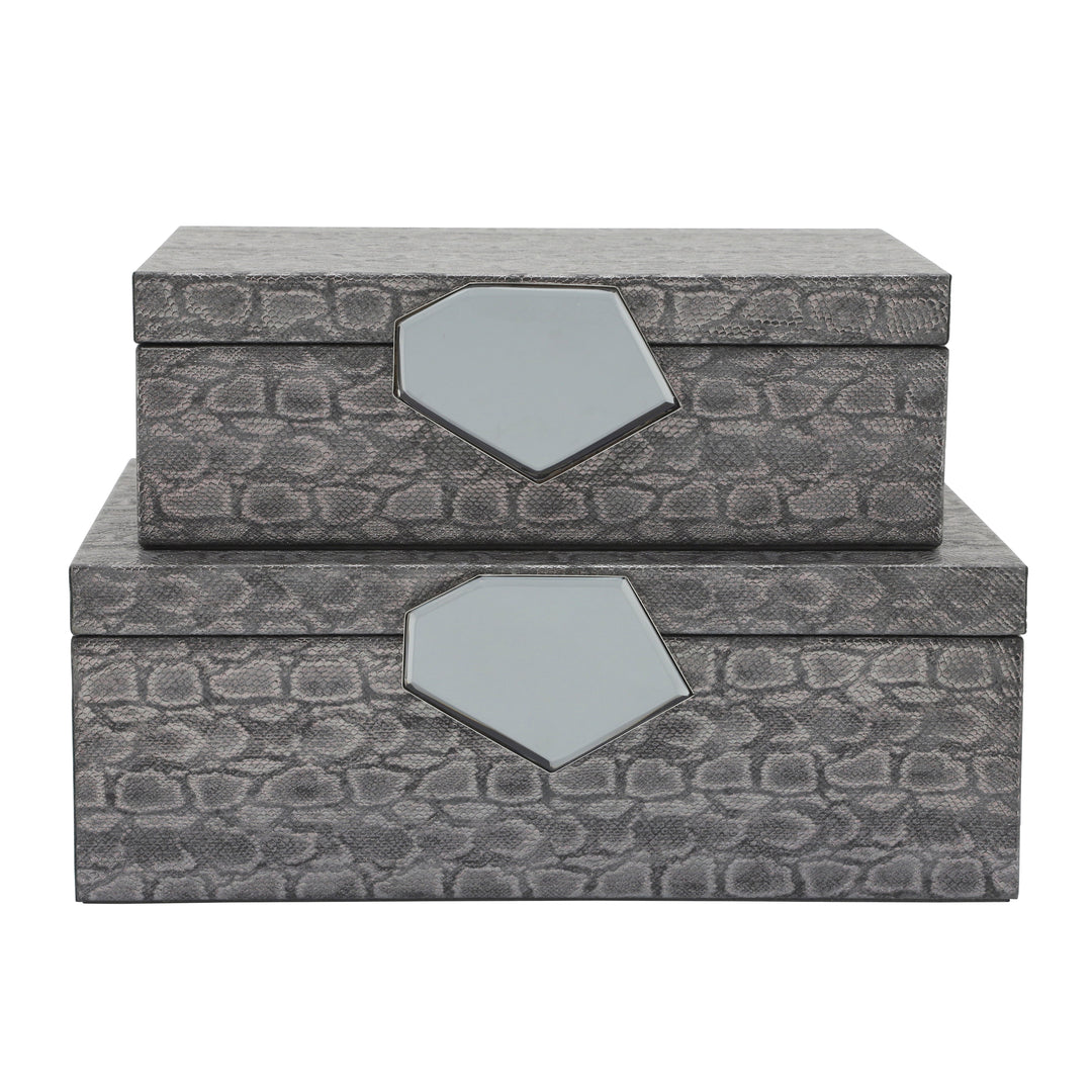 WOOD 14" FAUX LEATHER BOX, GRAY