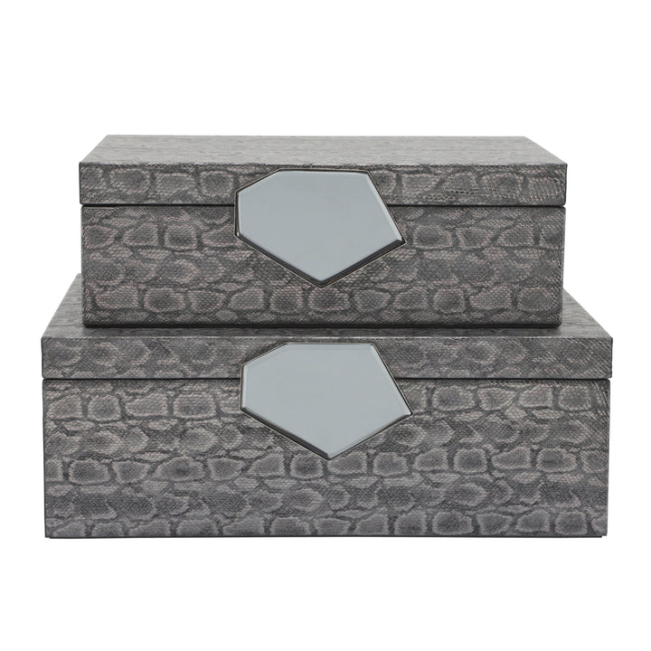 WOOD 14" FAUX LEATHER BOX, GRAY