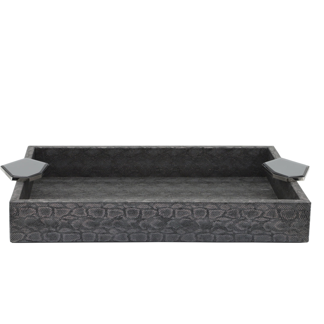 S/2 WOOD 14" FAUX LEATHER TRAYS, GRAY