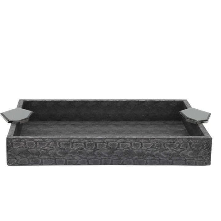 S/2 WOOD 14" FAUX LEATHER TRAYS, GRAY