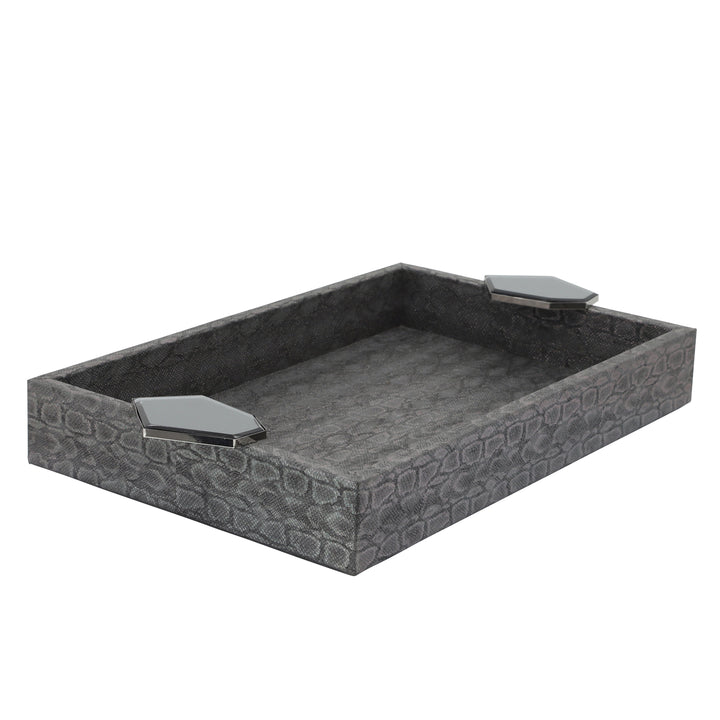 S/2 WOOD 14" FAUX LEATHER TRAYS, GRAY