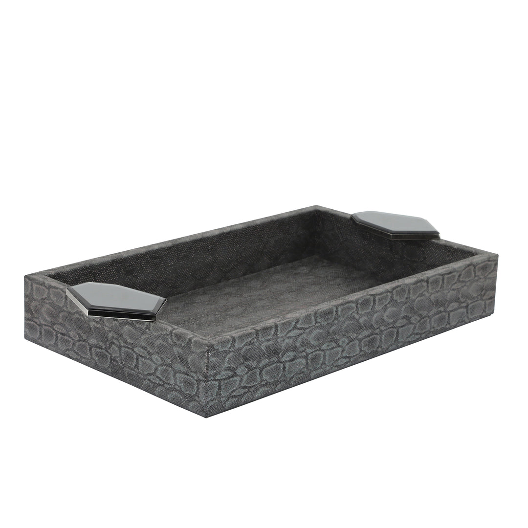 S/2 WOOD 14" FAUX LEATHER TRAYS, GRAY