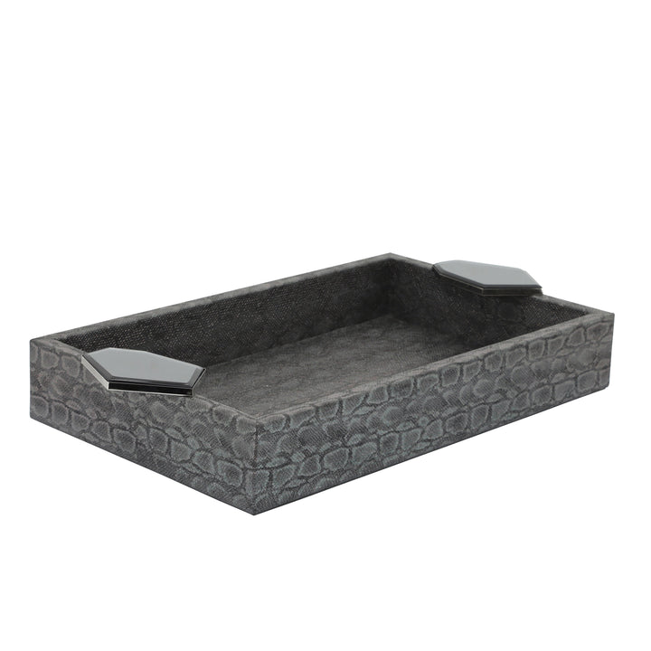 S/2 WOOD 14" FAUX LEATHER TRAYS, GRAY