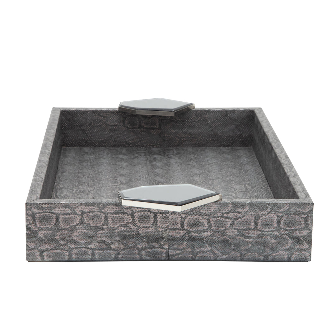S/2 WOOD 14" FAUX LEATHER TRAYS, GRAY