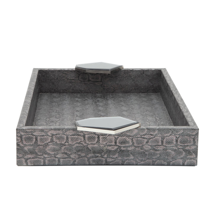 S/2 WOOD 14" FAUX LEATHER TRAYS, GRAY