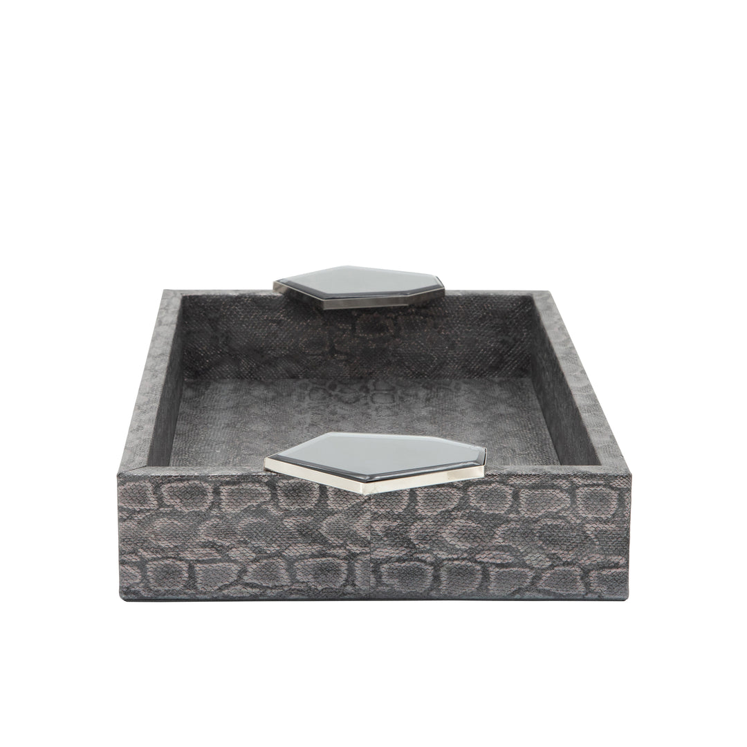 S/2 WOOD 14" FAUX LEATHER TRAYS, GRAY
