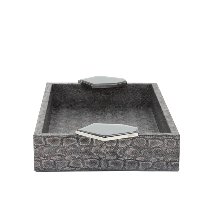 S/2 WOOD 14" FAUX LEATHER TRAYS, GRAY