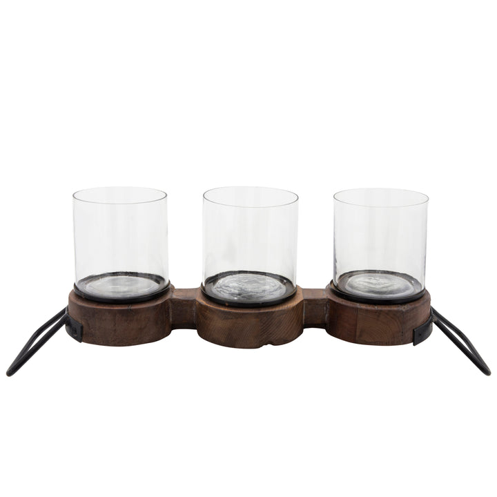 10"H WOODEN 3-CANDLE HOLDER, BROWN