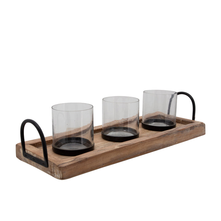 18" 3-CANDLE HOLDERS ON A TRAY, BROWN