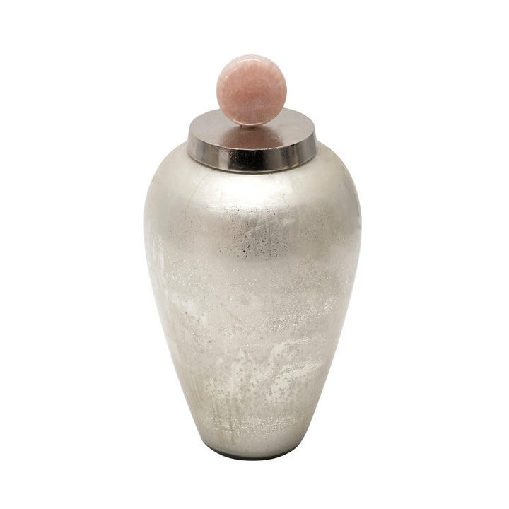 17" GLASS VASE W/ BLUSH KNOB, SILVER