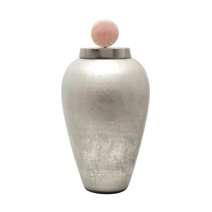 17" GLASS VASE W/ BLUSH KNOB, SILVER