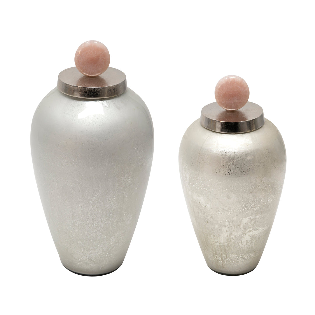 17" GLASS VASE W/ BLUSH KNOB, SILVER