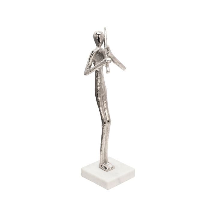 15" FLUTE MUSICIAN ON MARBLE BASE, SILVER