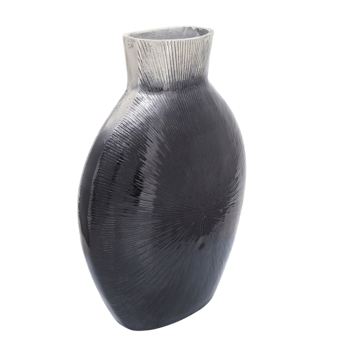 16" RIBBED METAL VASE, 2-TONE BLACK