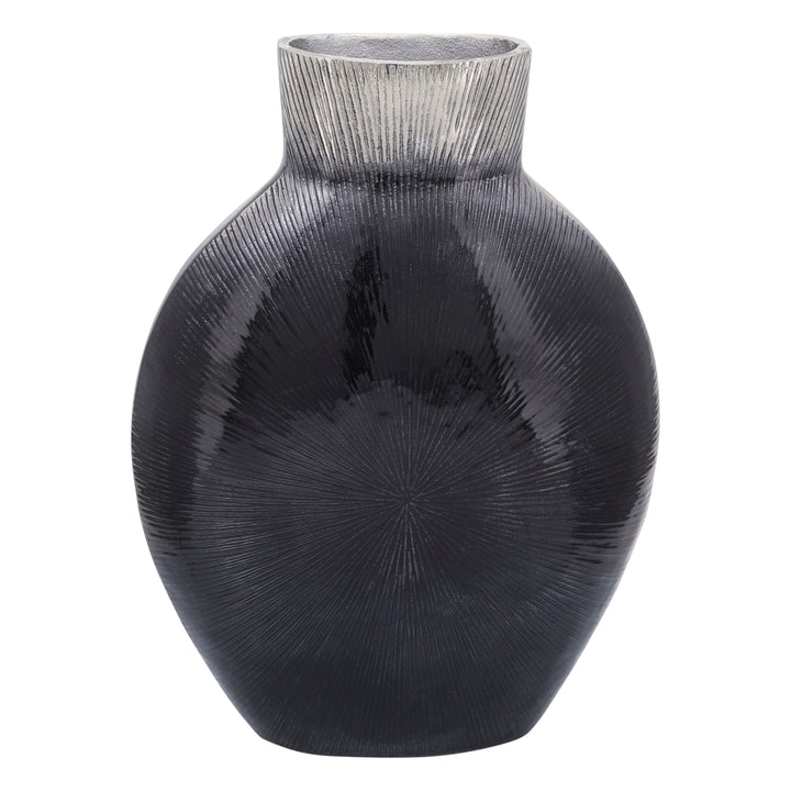 16" RIBBED METAL VASE, 2-TONE BLACK